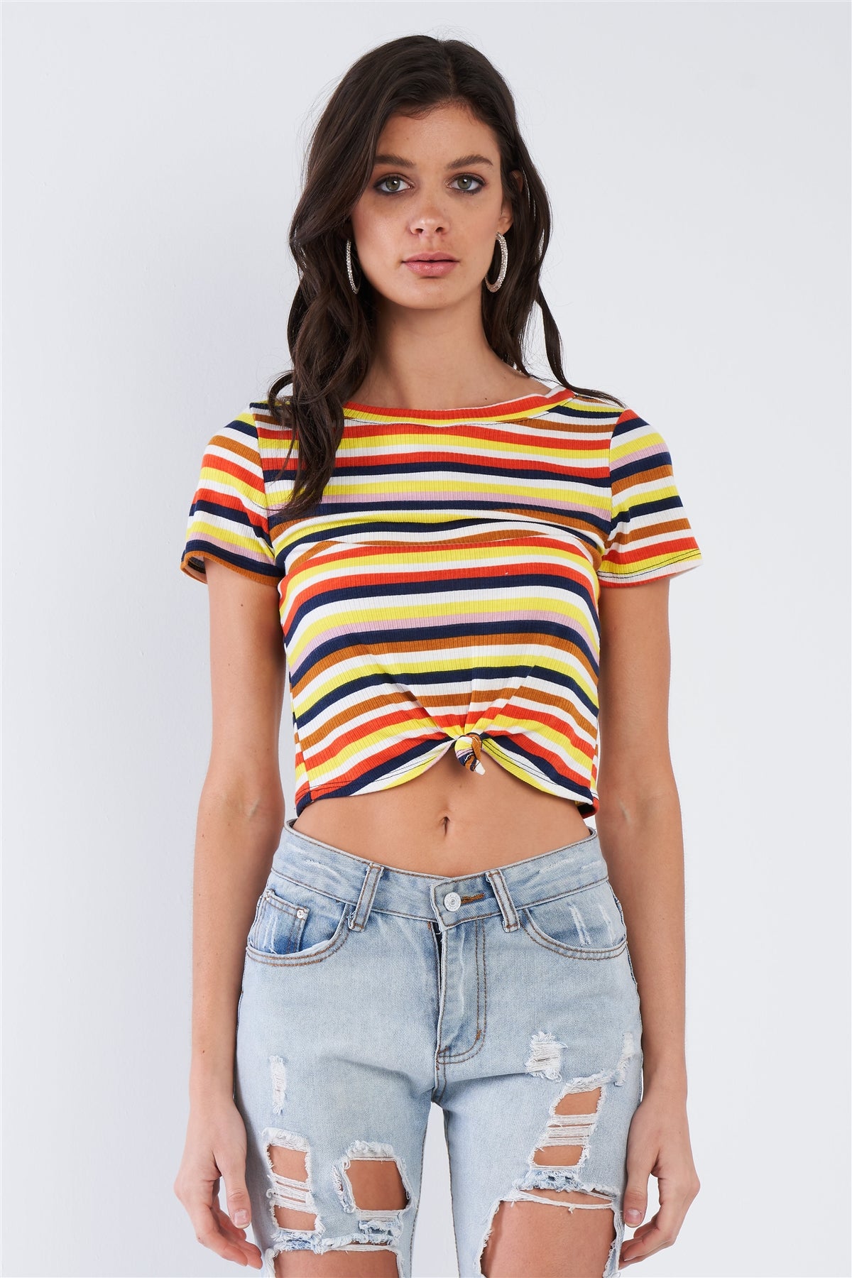 Yellow Retro Chic Multi Stripe Front Knot Crop Short Sleeve Top