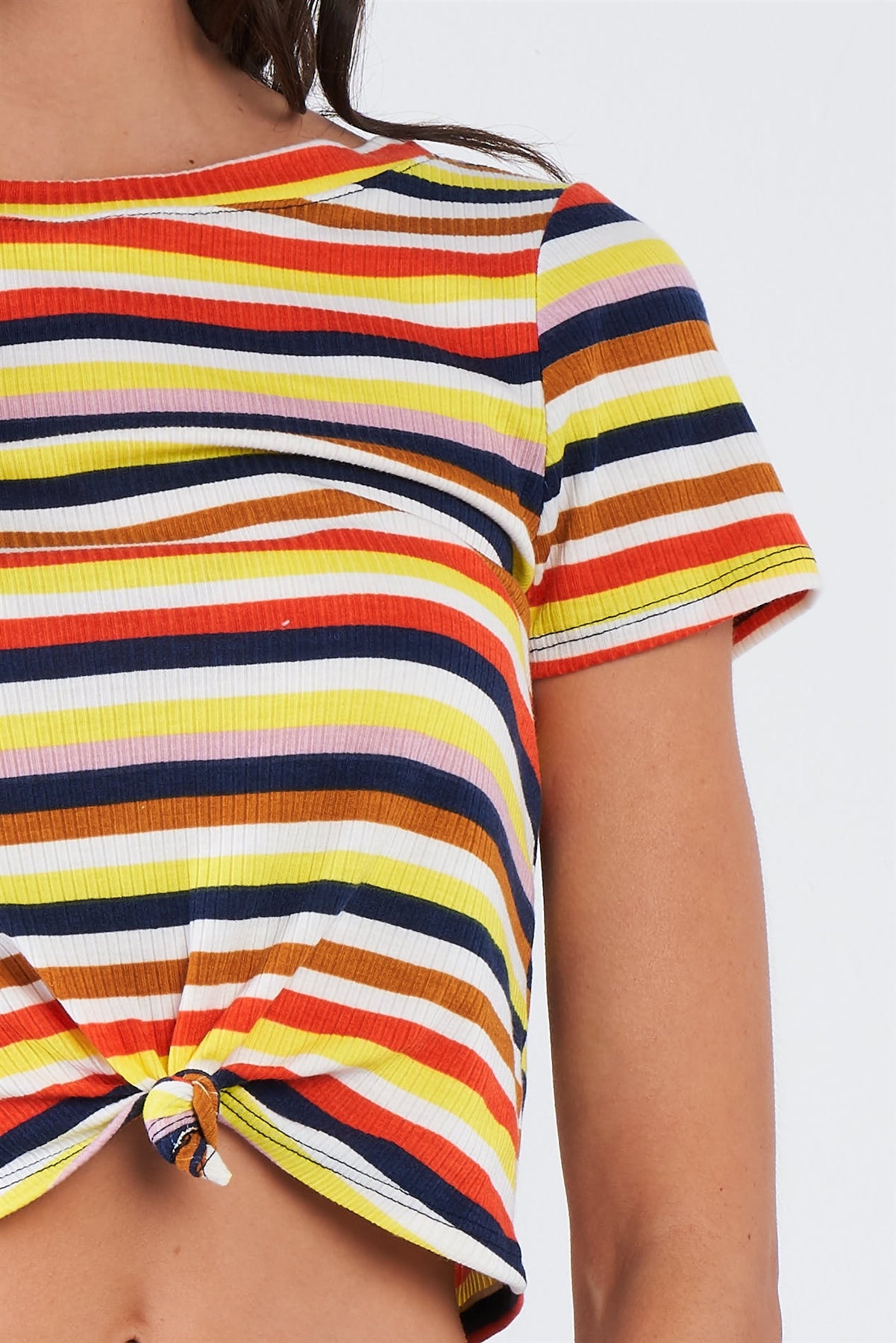 Yellow Retro Chic Multi Stripe Front Knot Crop Short Sleeve Top