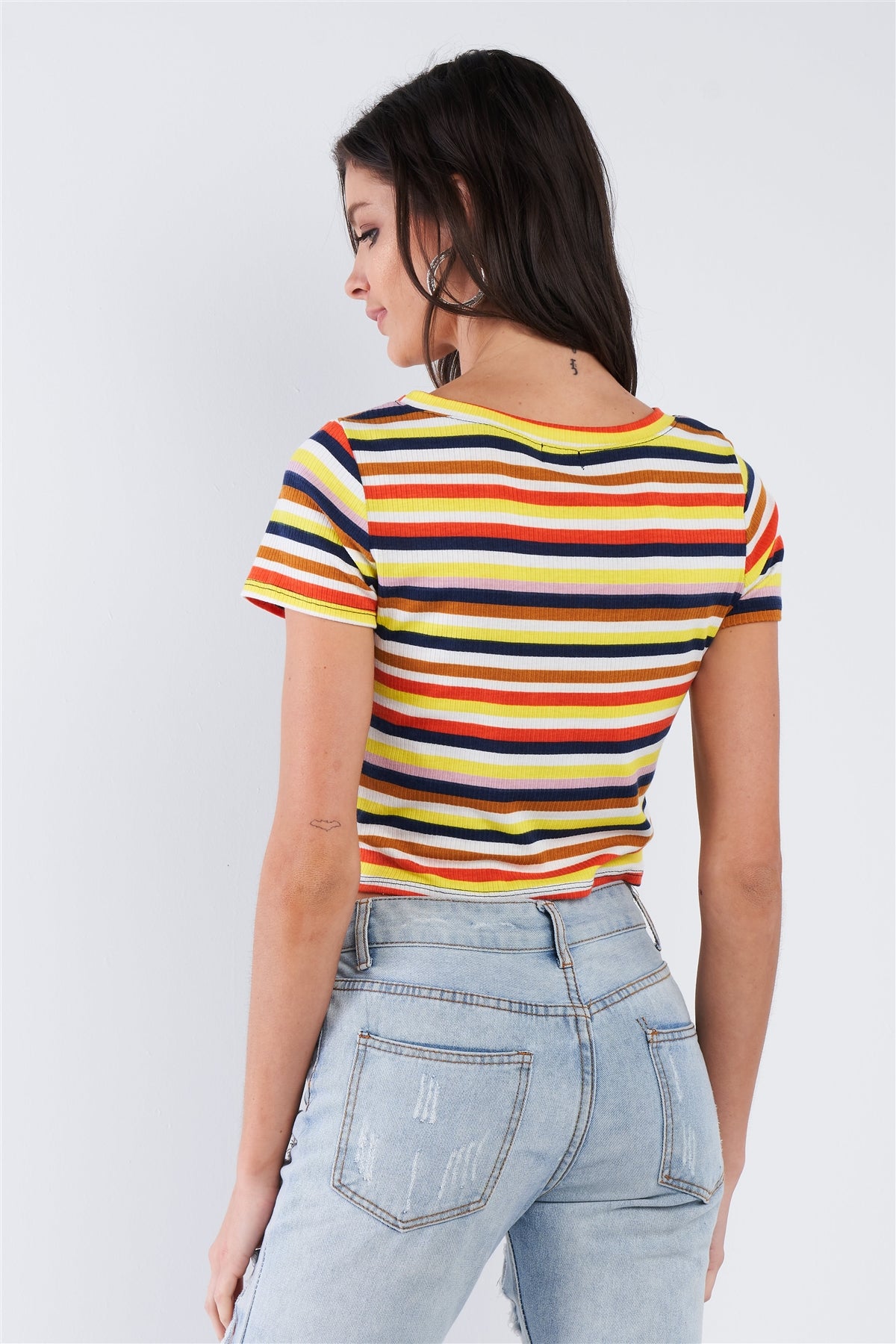 Yellow Retro Chic Multi Stripe Front Knot Crop Short Sleeve Top