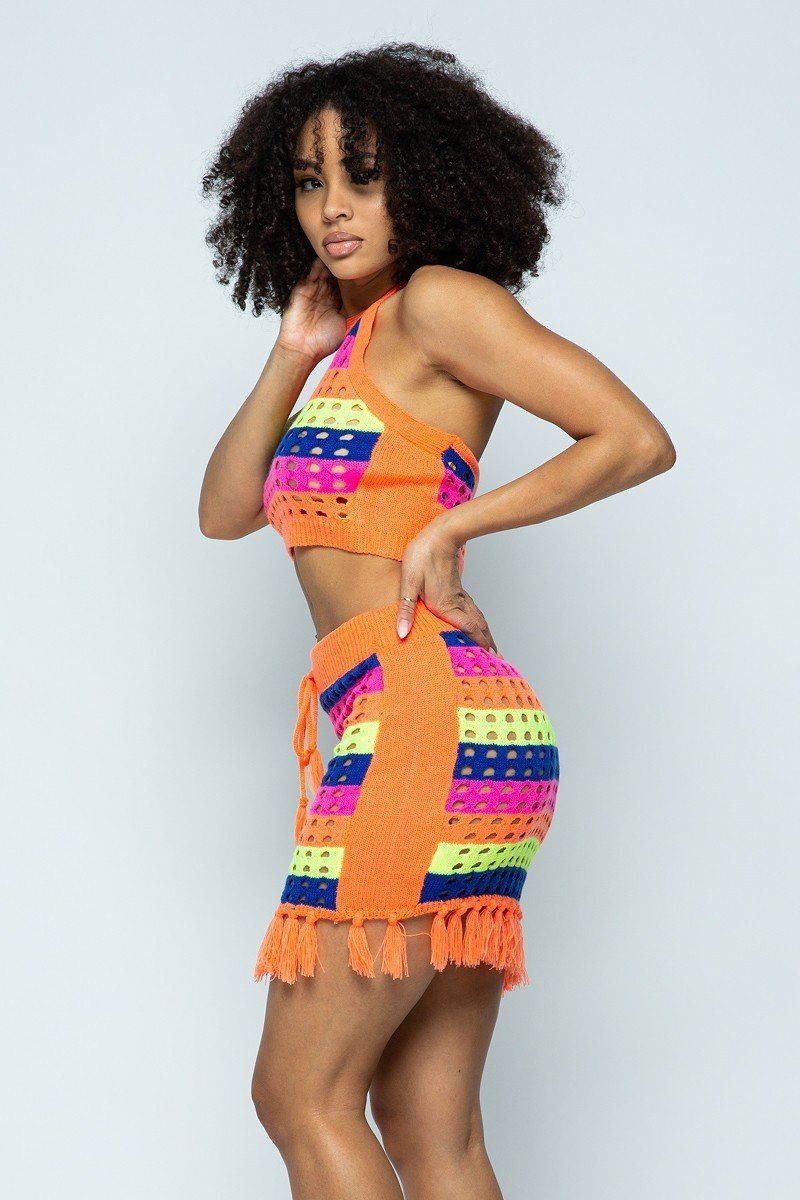 Striped Multi Color Laser Cut Cropped Halter Top/short Skirt Knit 2 Piece Set With Tassels