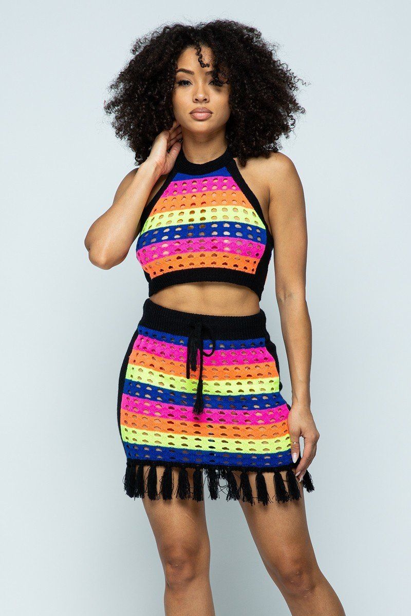 Striped Multi Color Laser Cut Cropped Halter Top/short Skirt Knit 2 Piece Set With Tassels