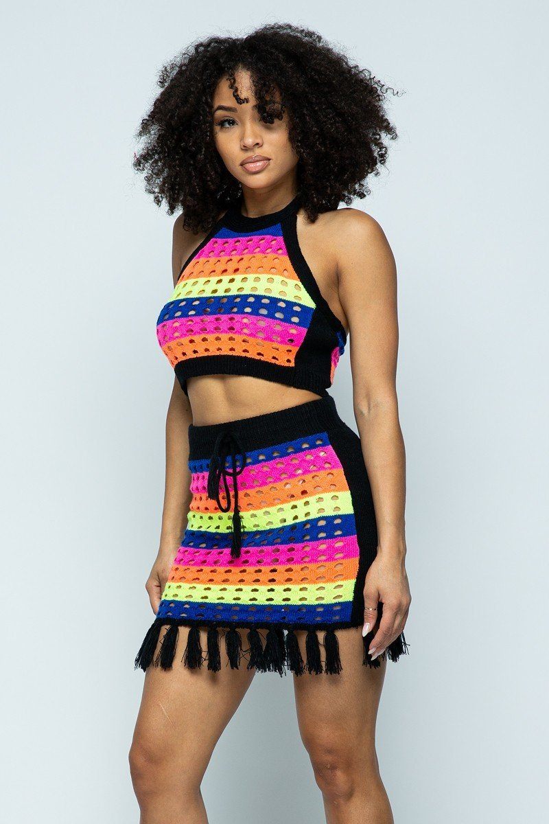 Striped Multi Color Laser Cut Cropped Halter Top/short Skirt Knit 2 Piece Set With Tassels