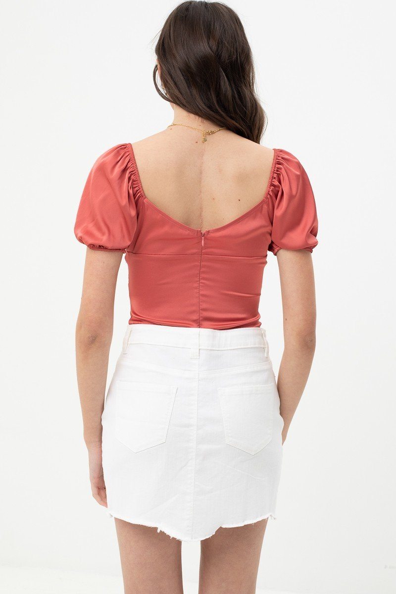 Satin Bodysuit With Front Neck Tie And Scooped Neck