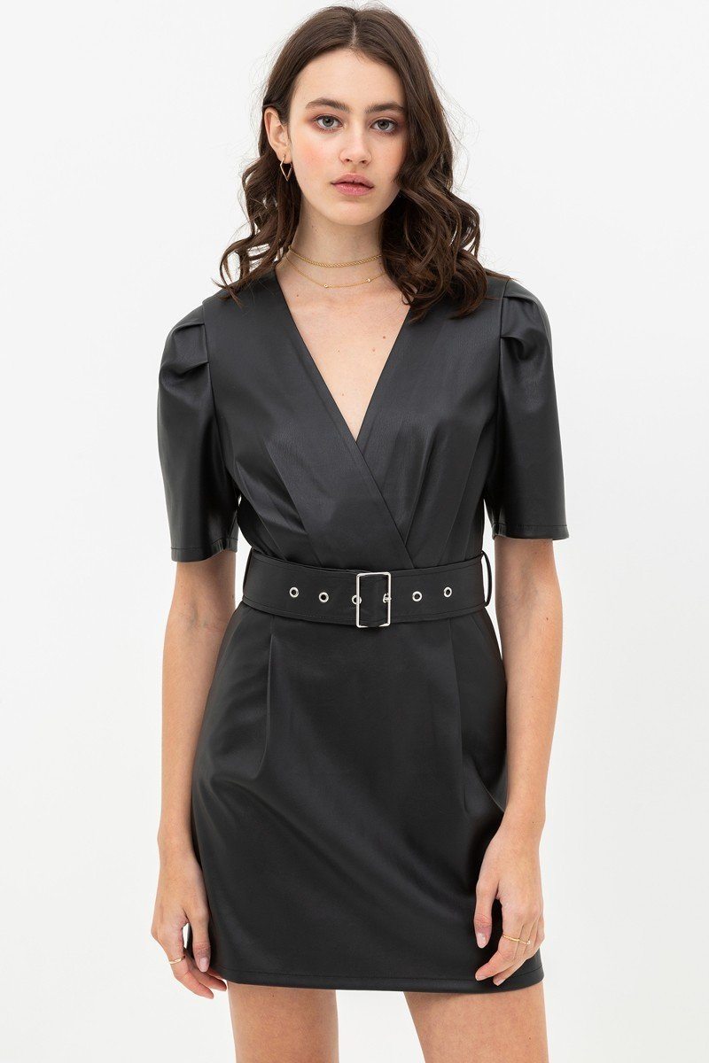 Pleather Dress With Belt Buckle Across Waist. Short Sleeve With V Neckline