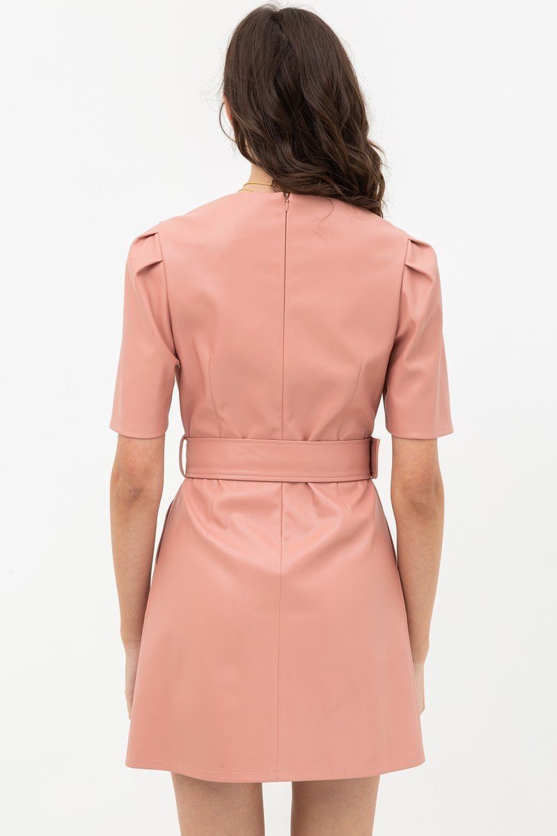 Pleather Dress With Belt Buckle Across Waist. Short Sleeve With V Neckline
