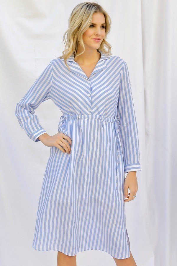 Stripe Print Cinched Waist Long Sleeve Shirt Midi Dress