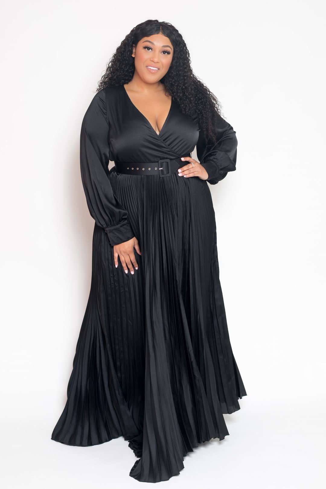 Satin Effect Pleated Maxi Dress With Belt