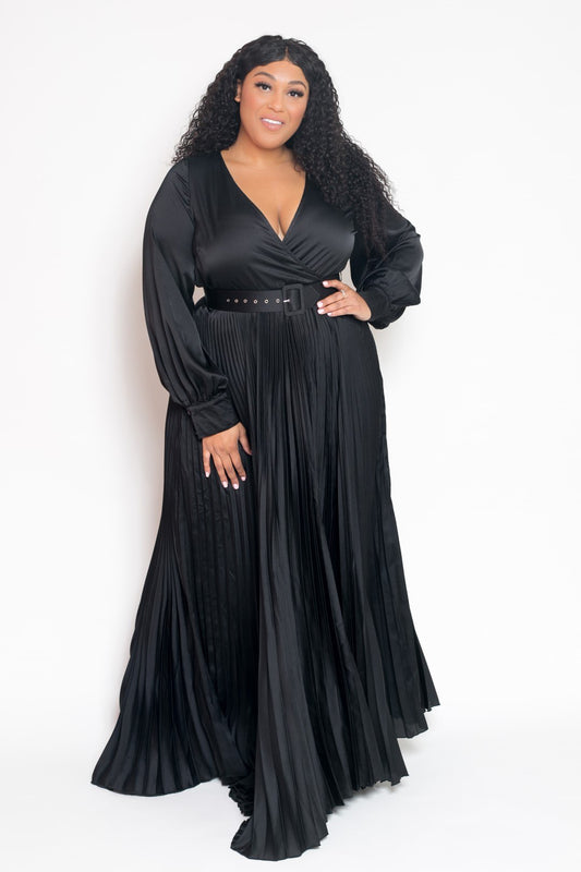 Satin Effect Pleated Maxi Dress With Belt
