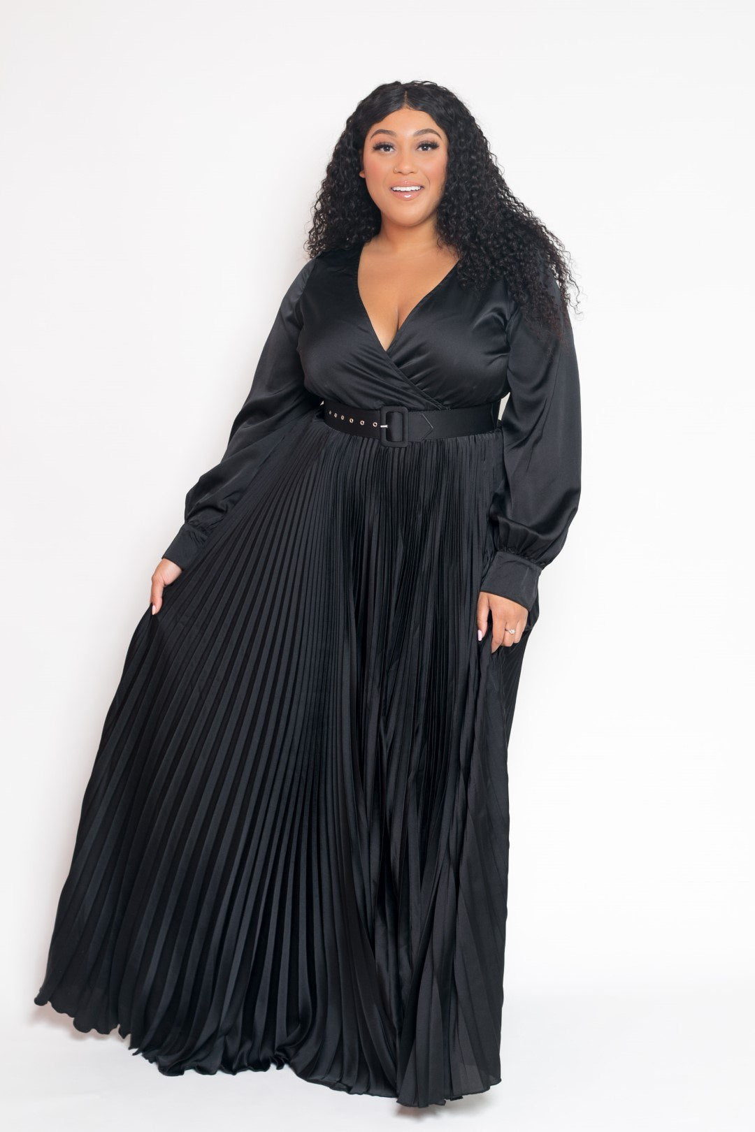 Satin Effect Pleated Maxi Dress With Belt