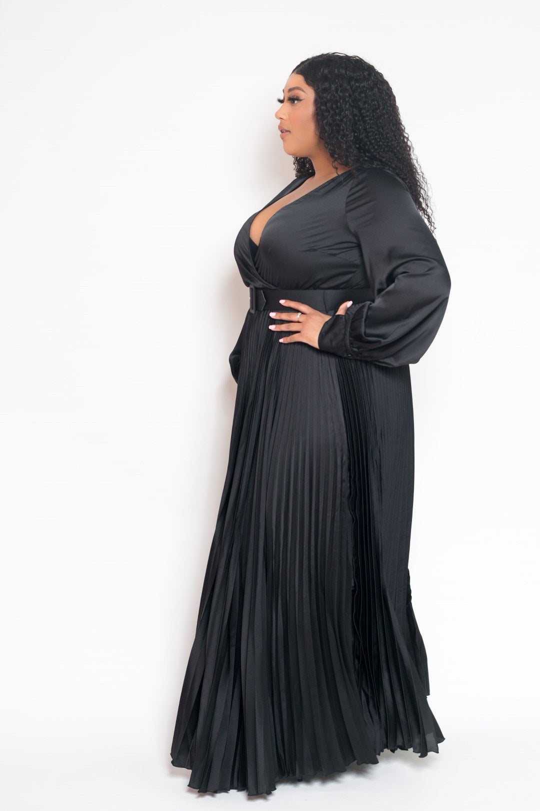 Satin Effect Pleated Maxi Dress With Belt