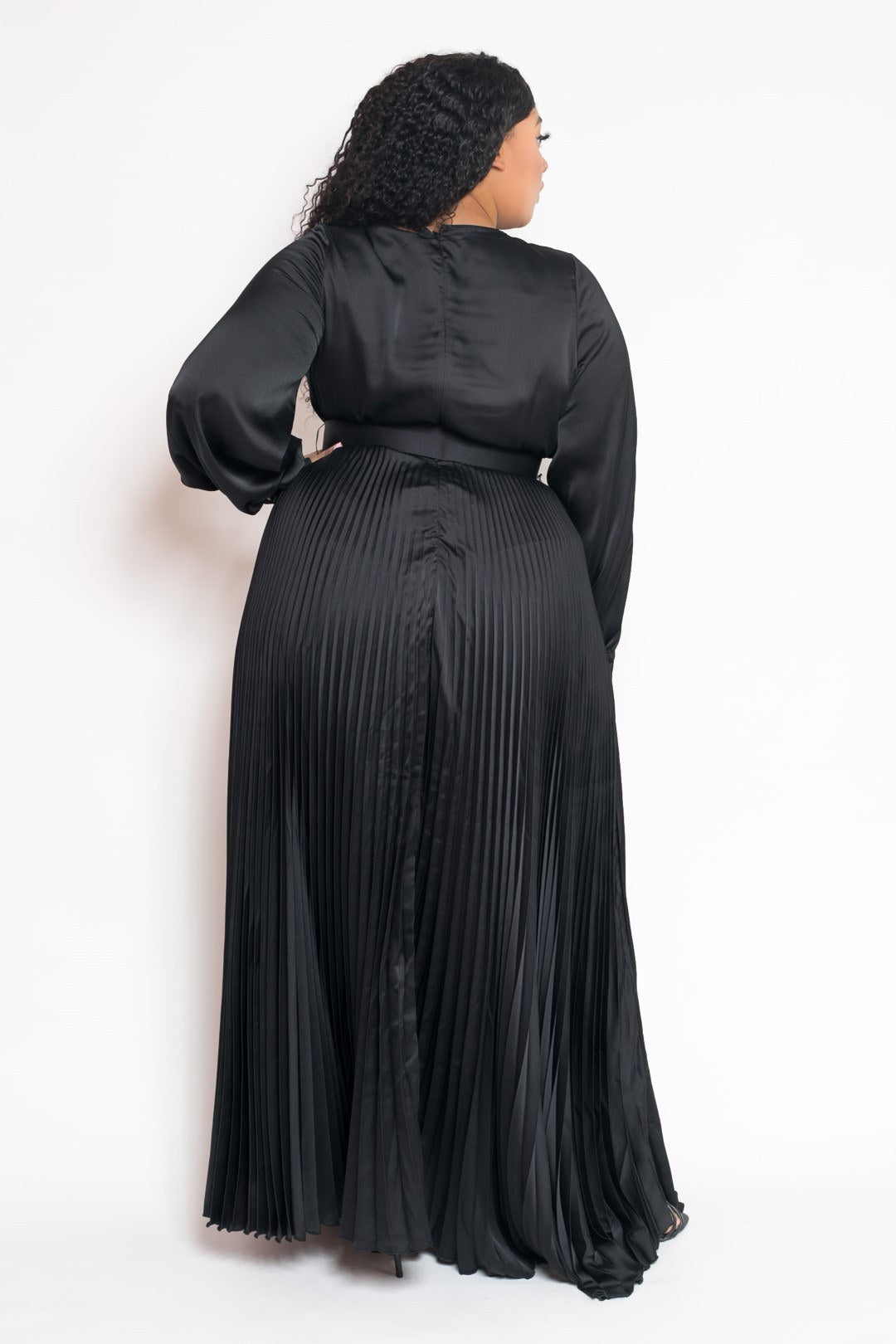 Satin Effect Pleated Maxi Dress With Belt
