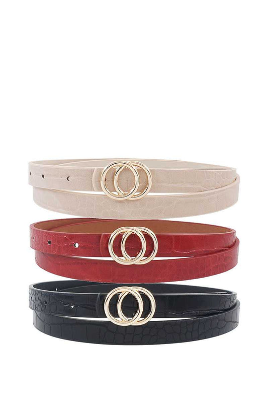 3 Stylish Croco Pattern Double Circle Buckle Skinny Belts