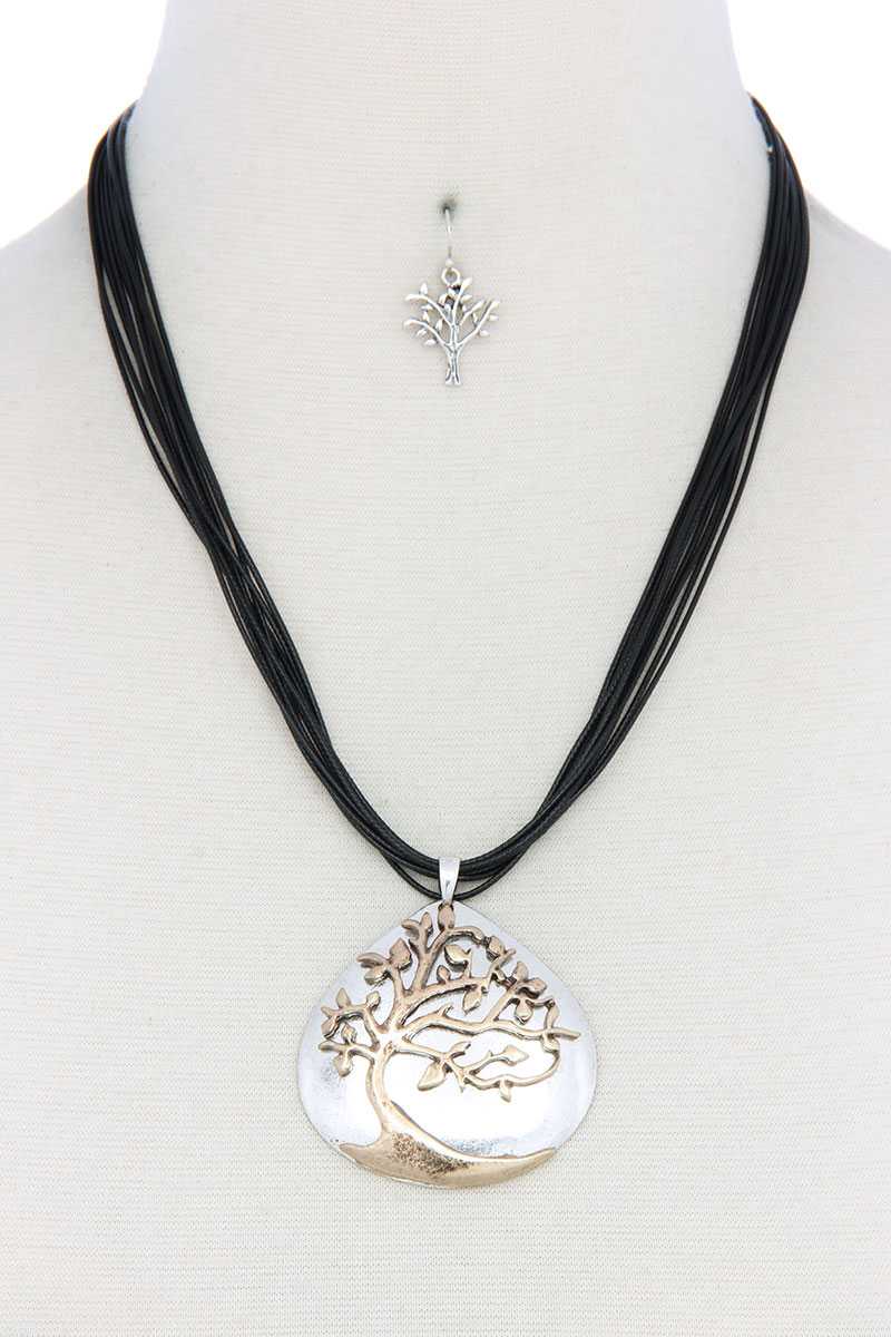 Oak Tree Pendant Pu Leather Necklace