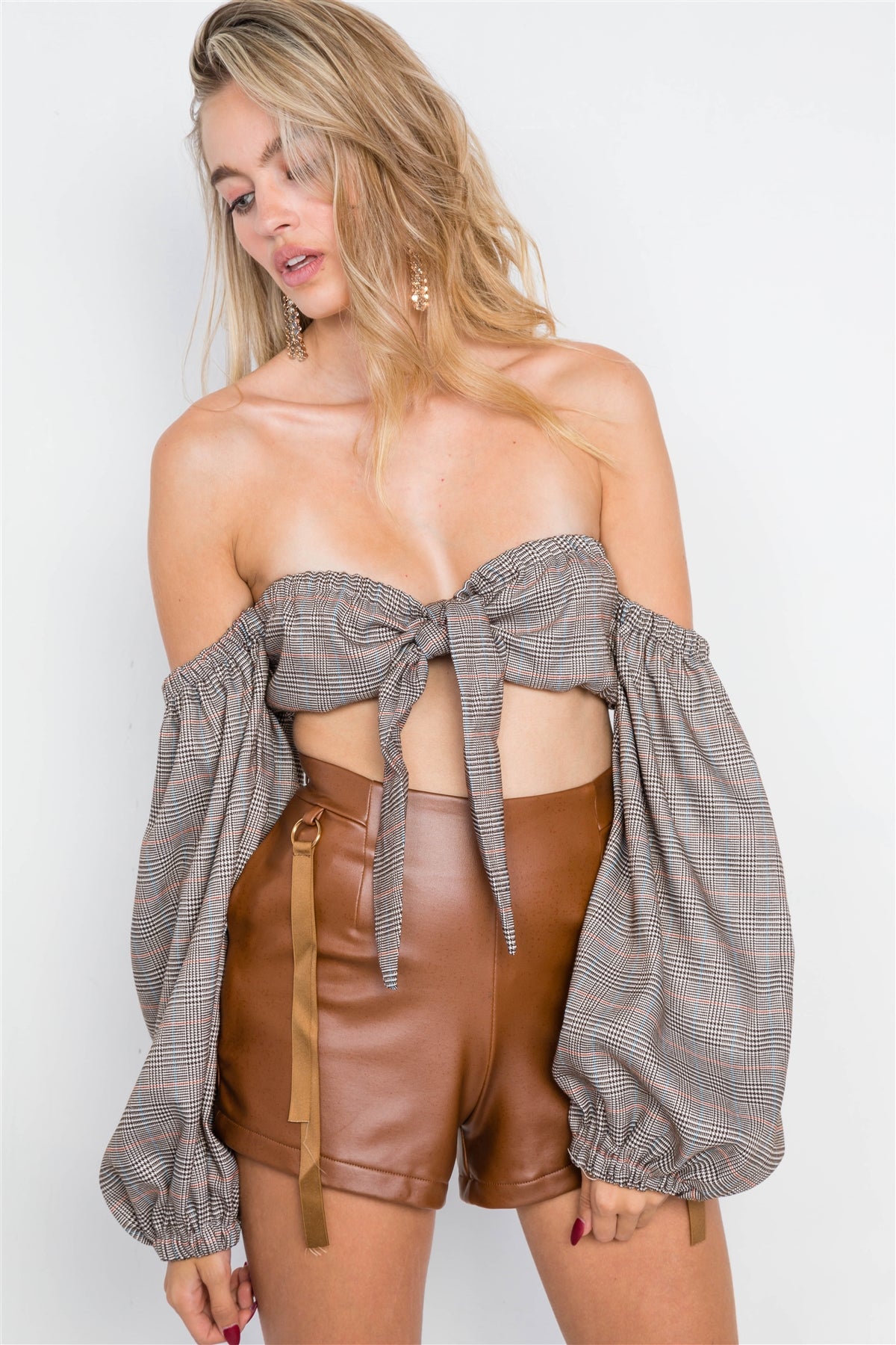 Plaid Center Bow Off-the-shoulder Crop Top