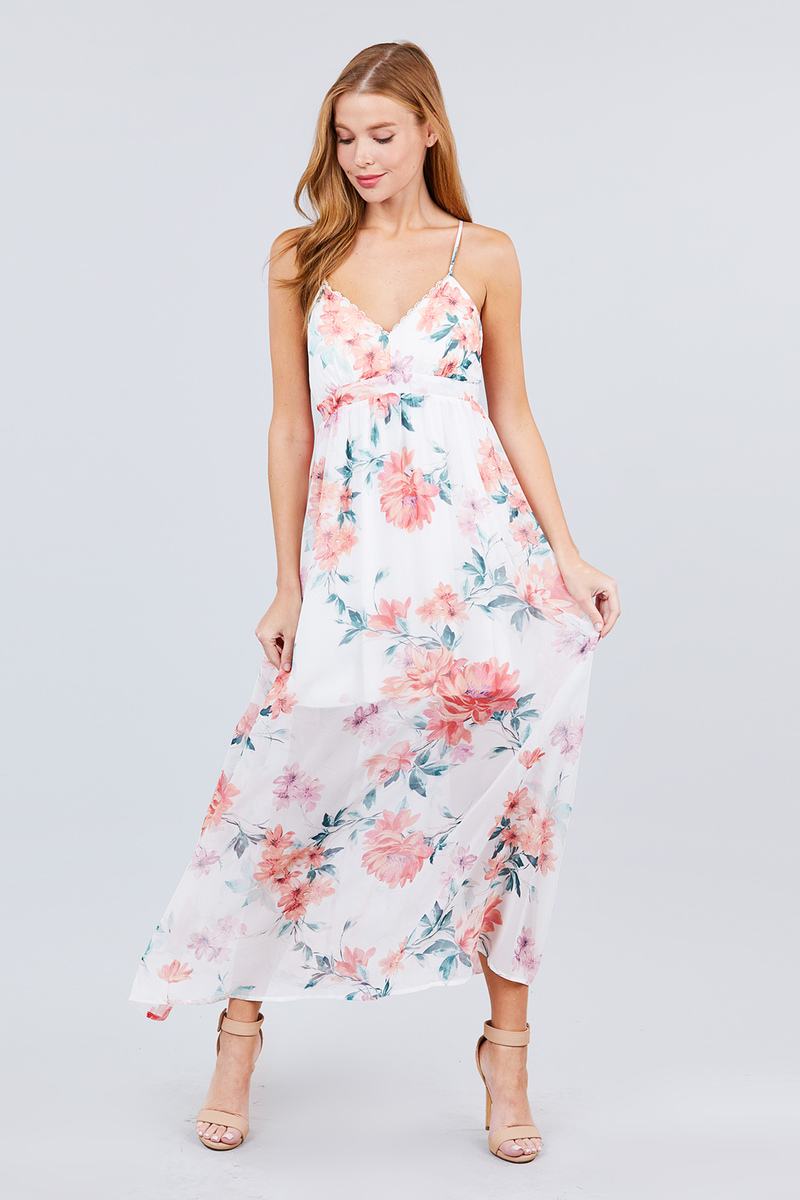 Deep V-neck W/cross Strap Print Maxi Dress