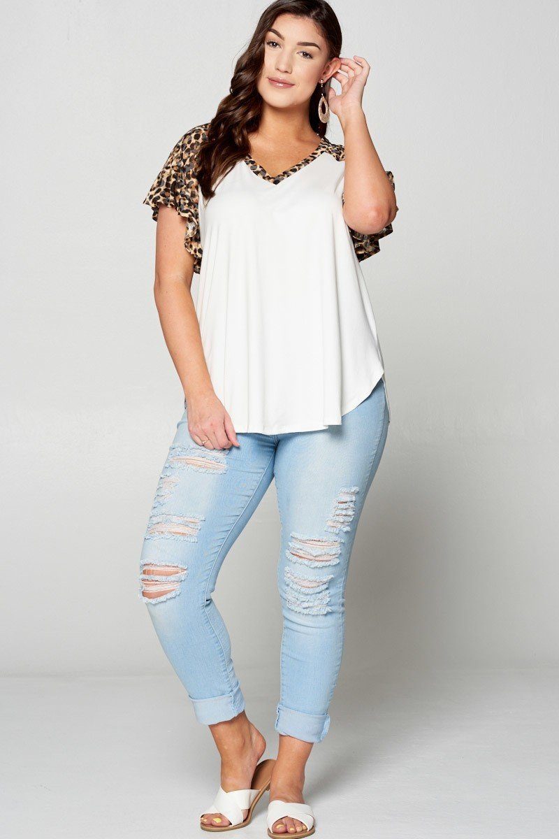 Plus Size Animal Printed Flutter Sleeve Raglan V Neck Casual Brush Top
