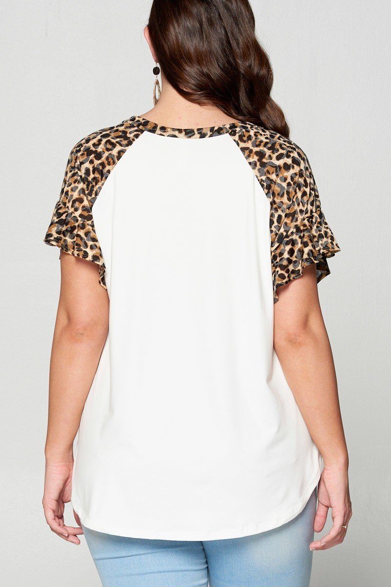 Plus Size Animal Printed Flutter Sleeve Raglan V Neck Casual Brush Top
