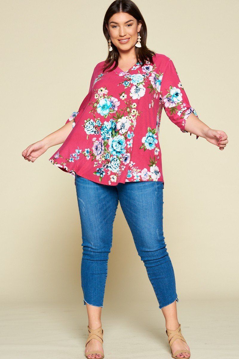 Plus Size Spring Floral Printed High Low, V Neck Fashion Swing Top
