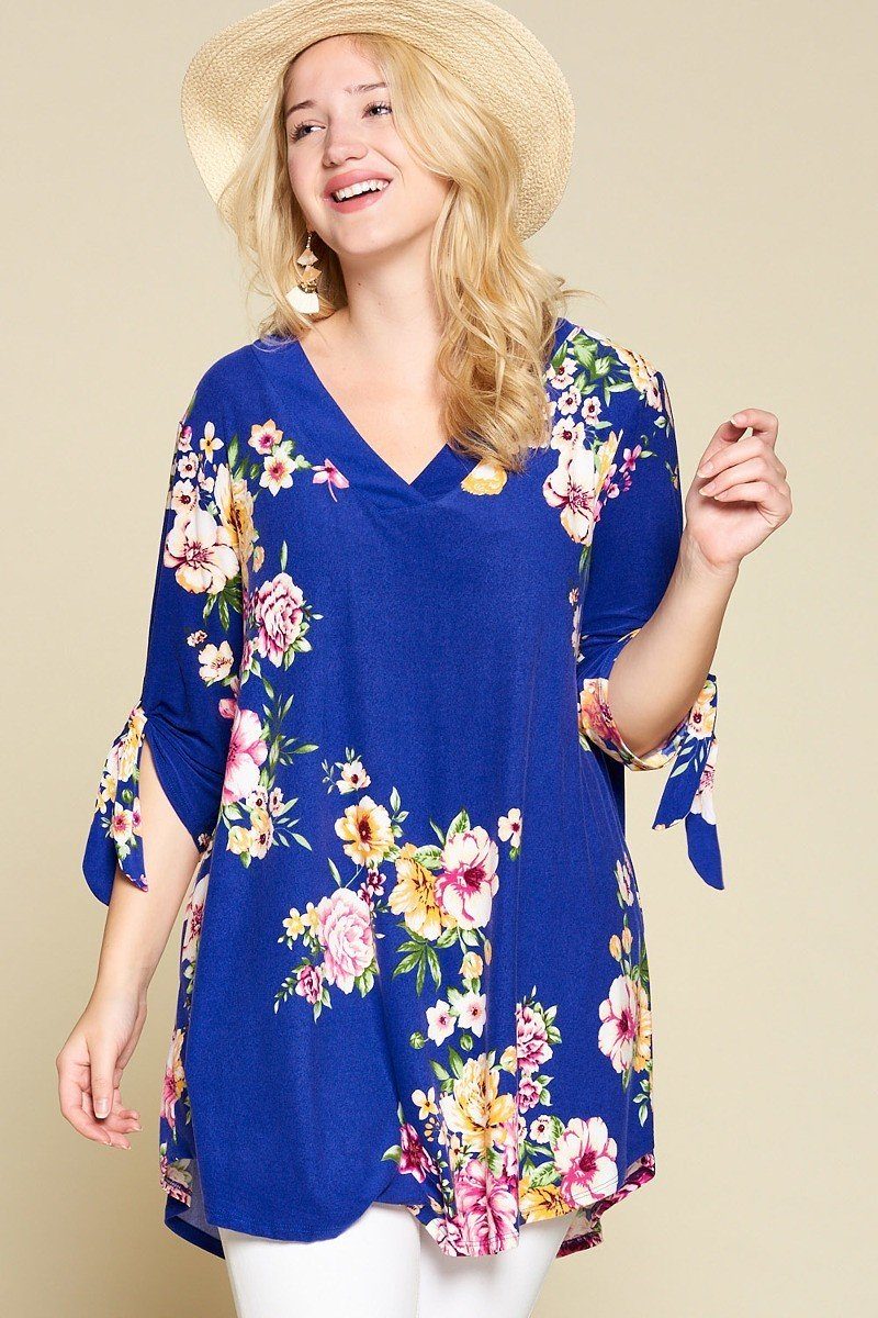 Plus Size Spring Floral Printed High Low, V Neck Fashion Swing Top