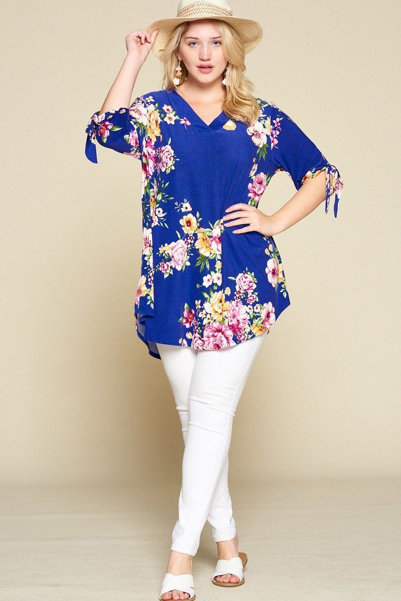 Plus Size Spring Floral Printed High Low, V Neck Fashion Swing Top