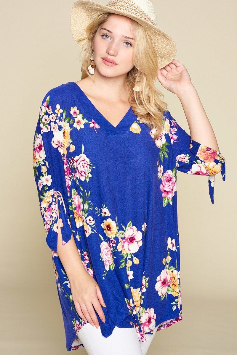 Plus Size Spring Floral Printed High Low, V Neck Fashion Swing Top