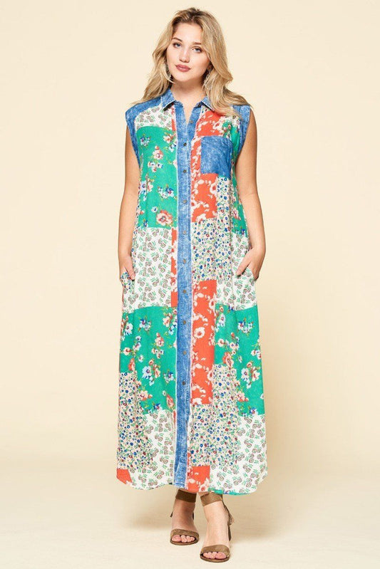 Mixed-floral Patchwork Printed Button-down Maxi Dress