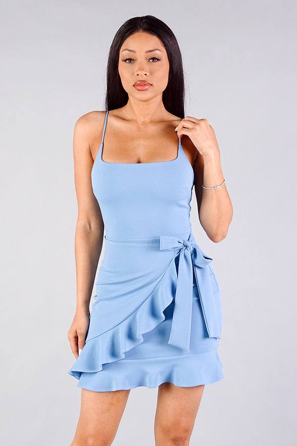 Spaghetti Strap Square Neck Ruffled Wrap Dress