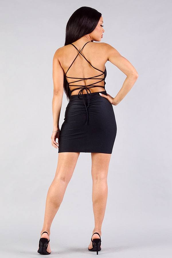 Spaghetti Strap Lace Up Back Ruched Mini Dress