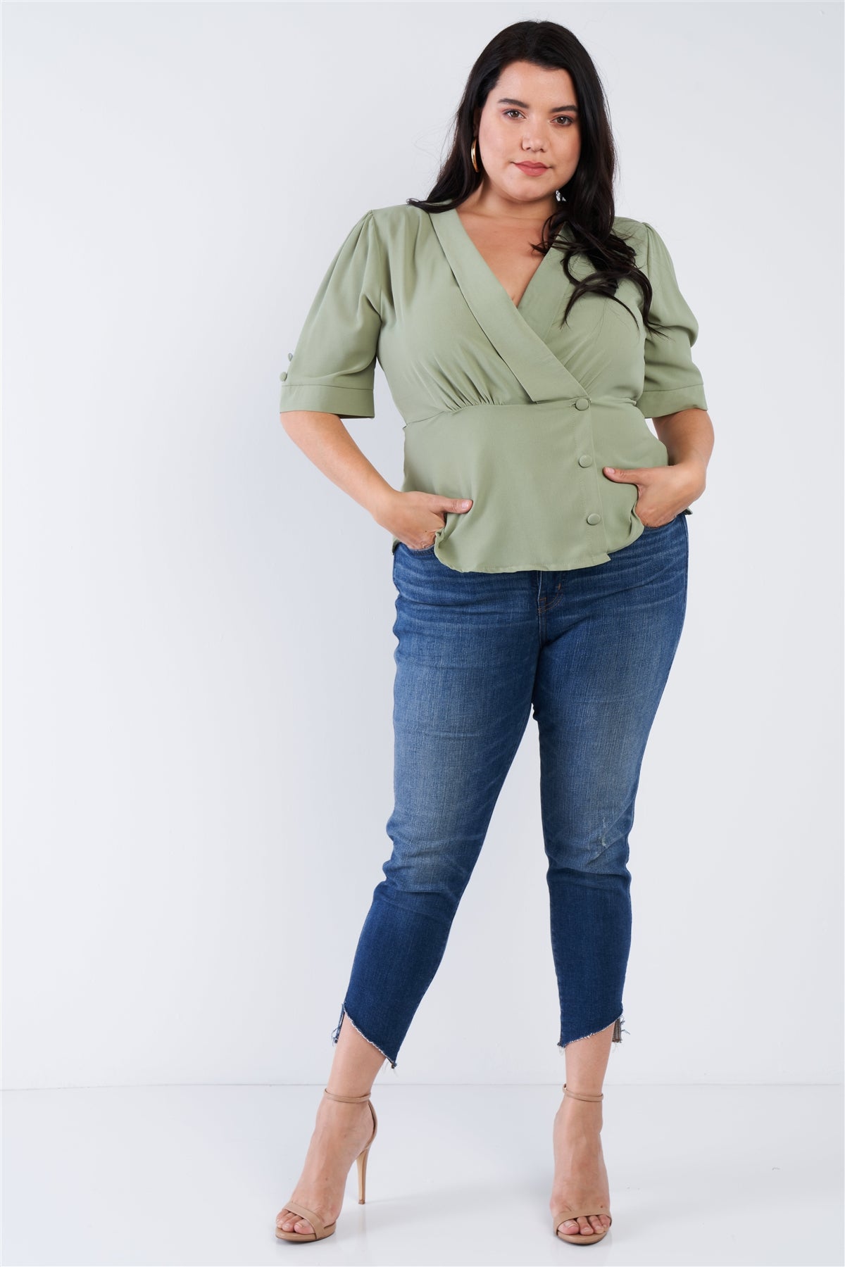 Plus Size V-neck Mock Side Button Peplum Top