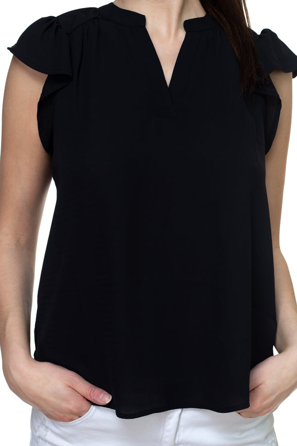 Split V Band Collar Ruffle Sleeve Top
