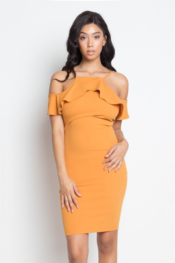 Ruffle Open Shoulder Halter Dress