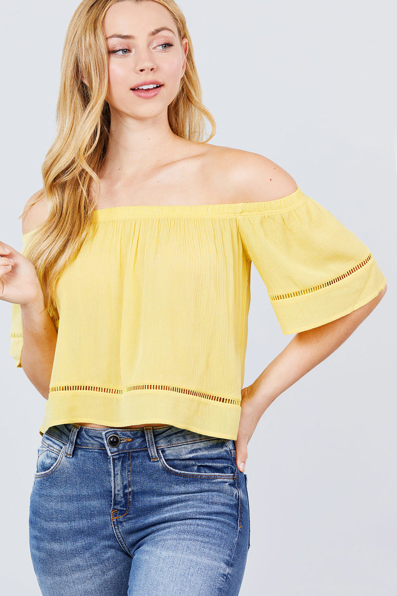 Elbow Sleeve Off The Shoulder Lace Trim Woven Top