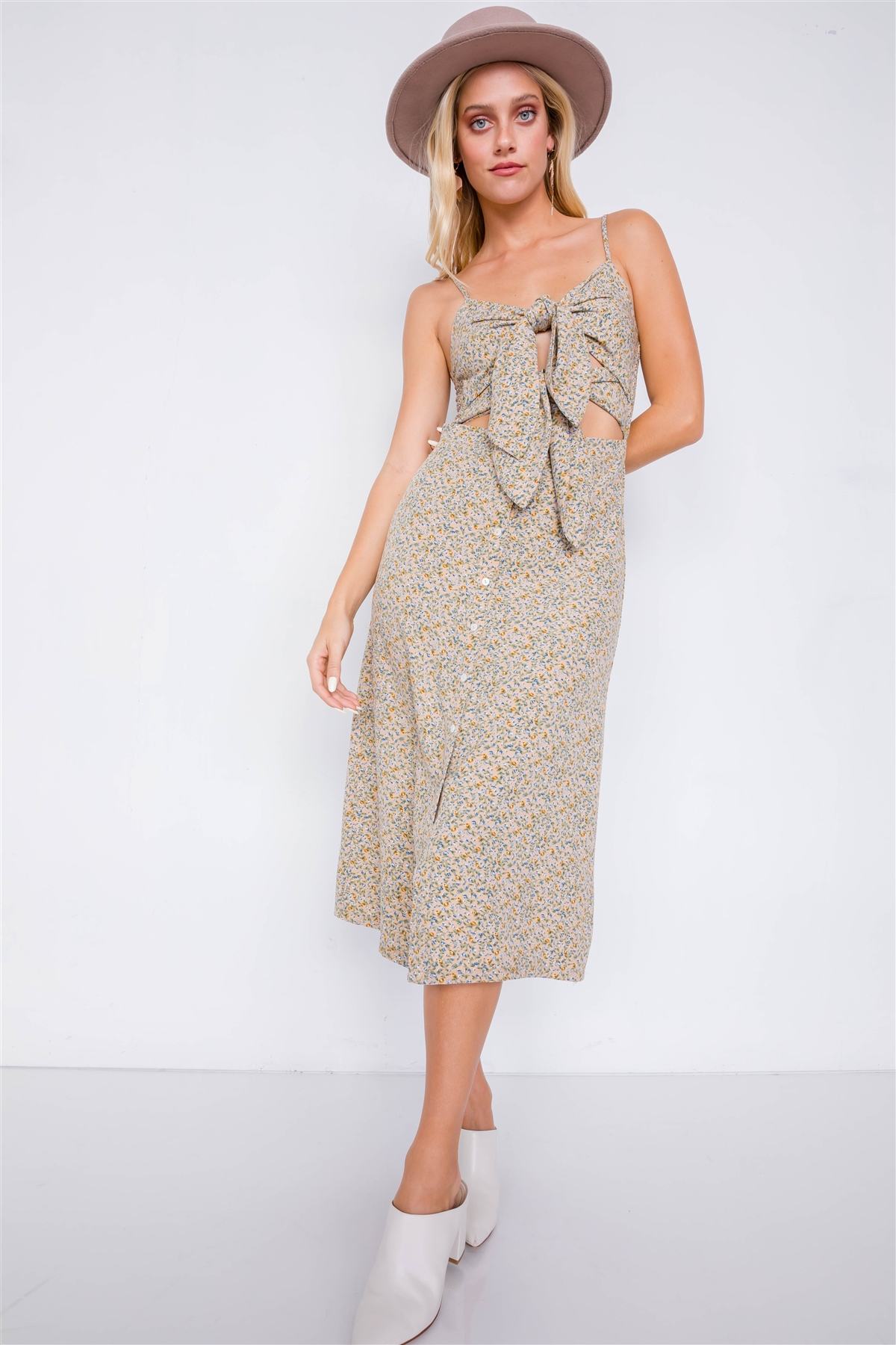 Beige Minimalist Floral Print Center Cut Out Chic Midi Dress