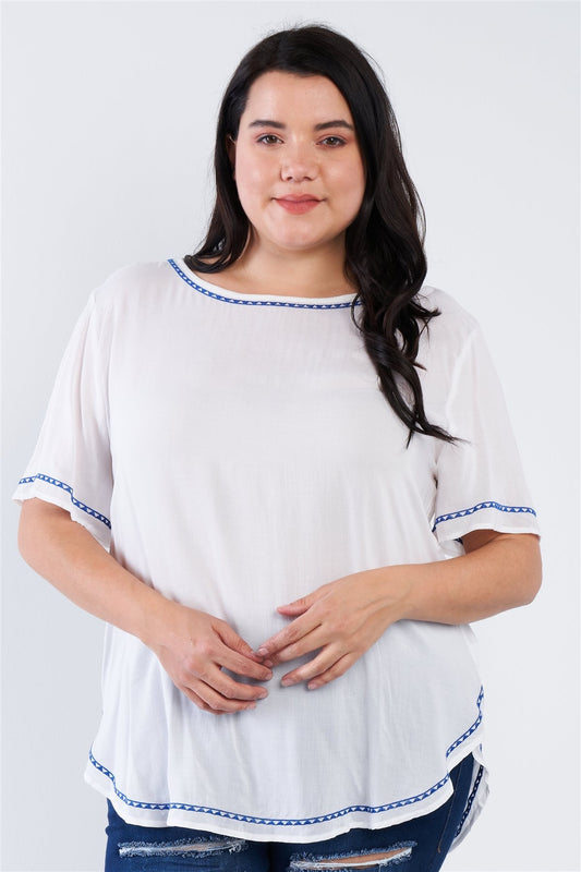 Plus Size Embroidered Hem Short Sleeve Top