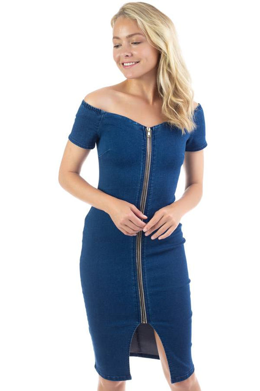 Off Shoulder Zip-front Denim Dress