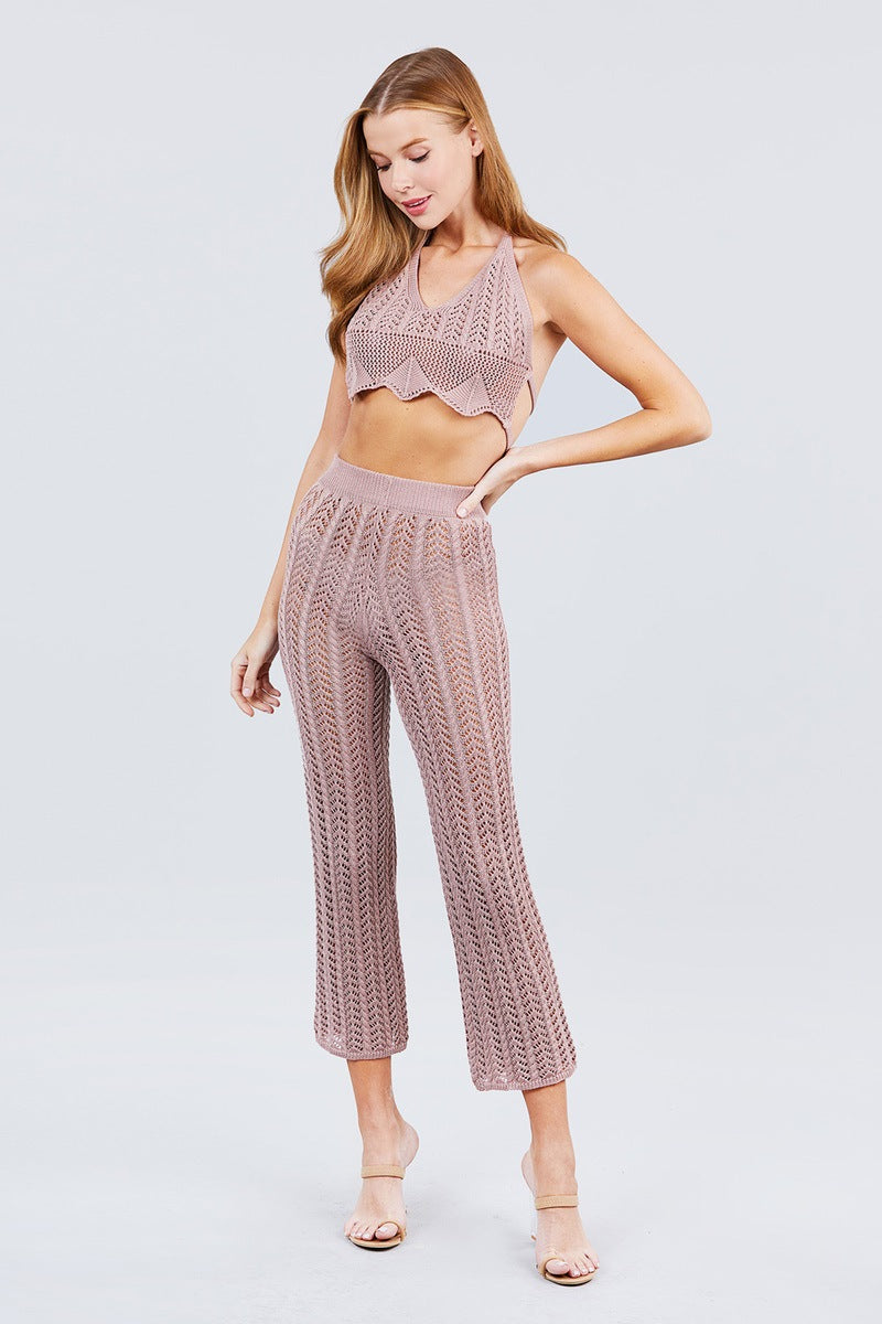 Deep V-neck Back Tied Crochet Cropped Sweater Bra Top