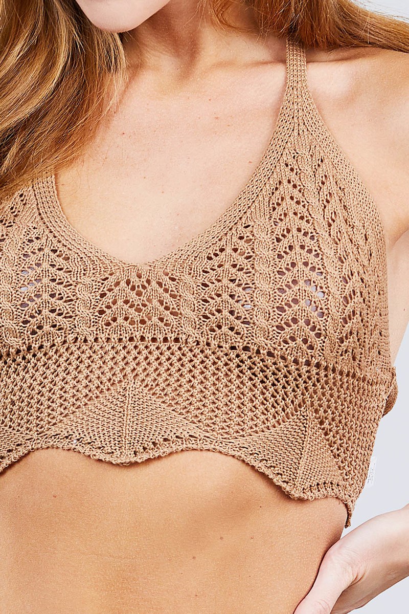 Deep V-neck Back Tied Crochet Cropped Sweater Bra Top