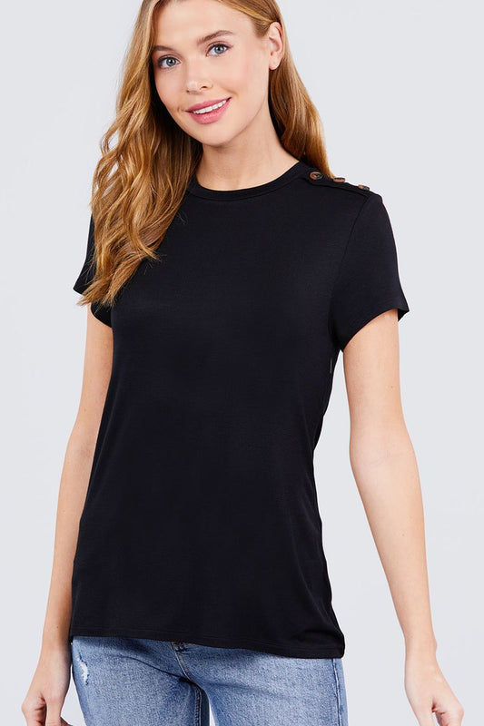 Short Sleeve Crew Neck W/shoulder Button Detail Rayon Spandex Top