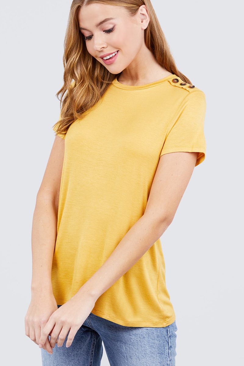 Short Sleeve Crew Neck W/shoulder Button Detail Rayon Spandex Top