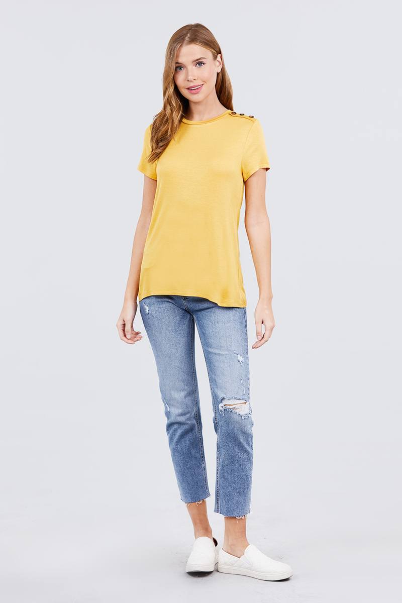 Short Sleeve Crew Neck W/shoulder Button Detail Rayon Spandex Top