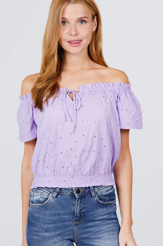 Short Sleeve Off The Shoulder Front Tie Detail Smocked Hem Eyelet Lace Woven Top