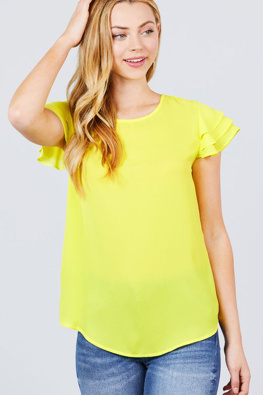 Short Cap Ruffle Sleeve Round Neck Woven Top