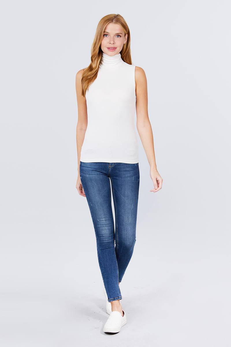 Sleeveless Shirring Turtle Neck Rib Knit Top