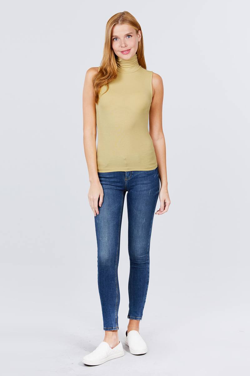 Sleeveless Shirring Turtle Neck Rib Knit Top