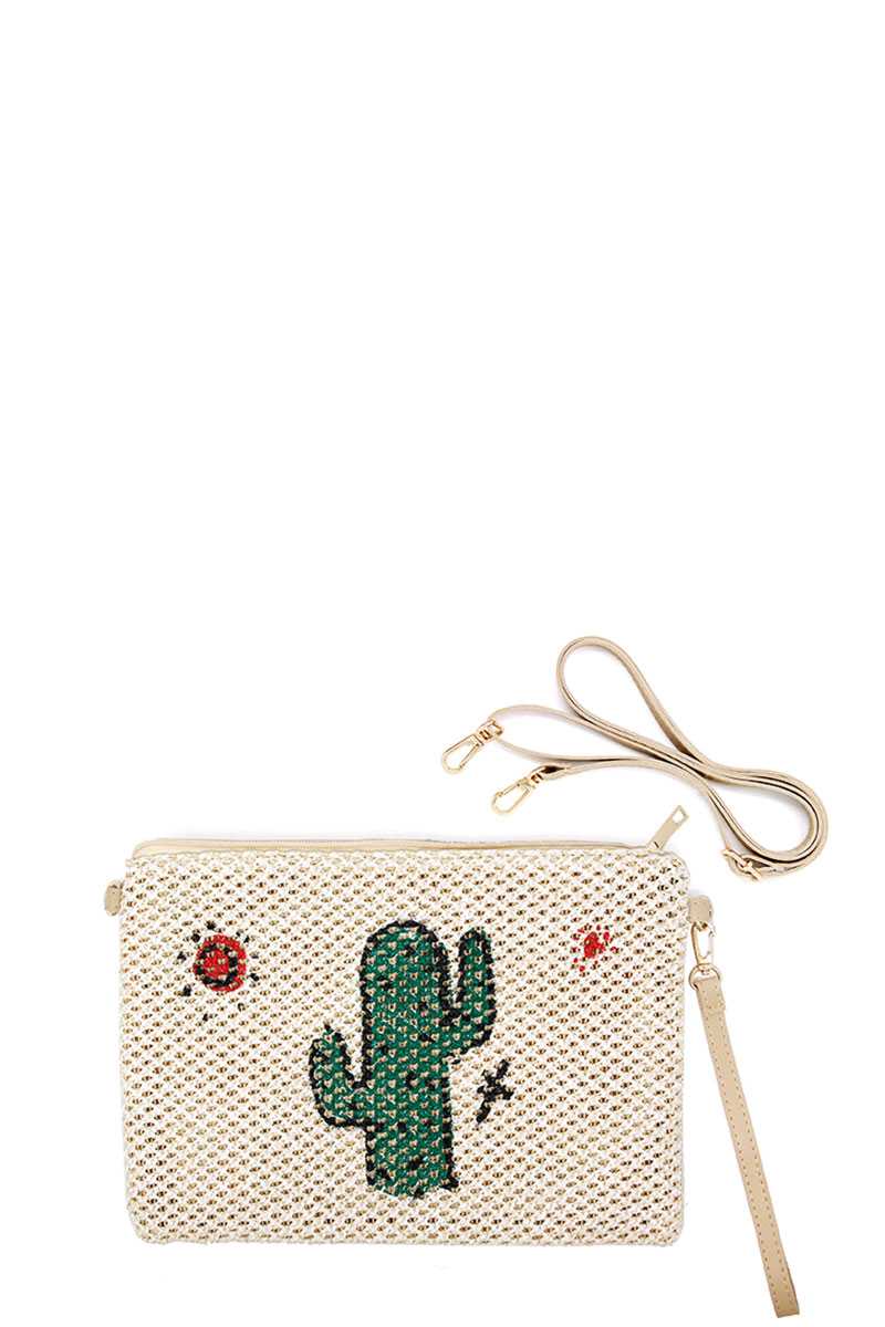 Cute Desert Cactus And Sun Print Straw Pouch Crossbody Bag