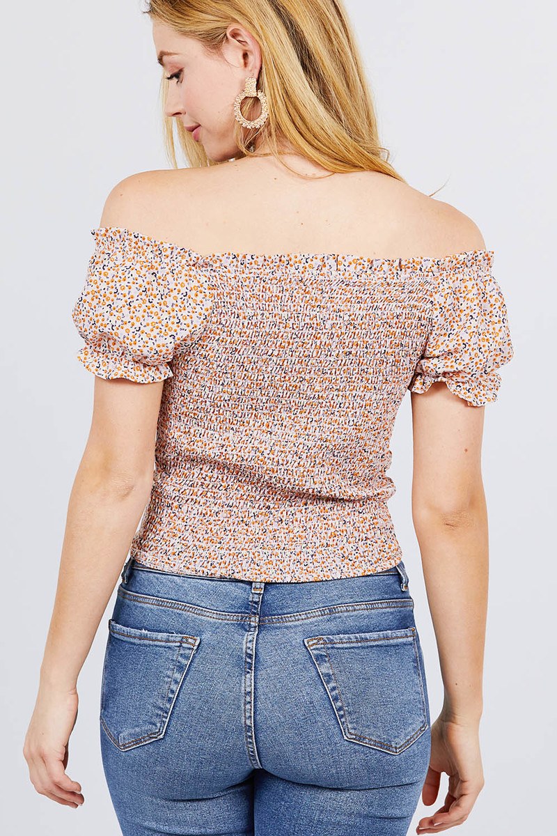 Short Sleeve Off The Shoulder Back Smocked Print Woven Top