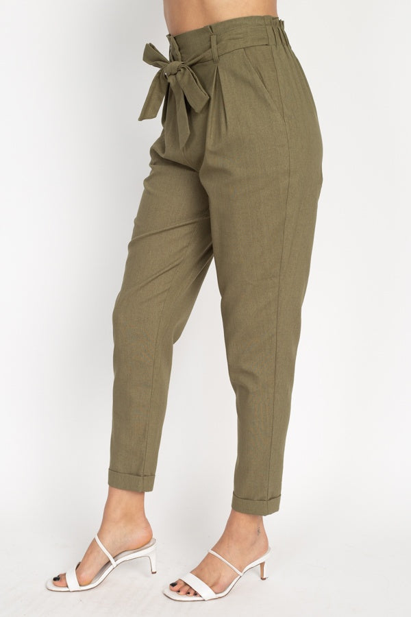 Belted Linen Paper Bag Pants