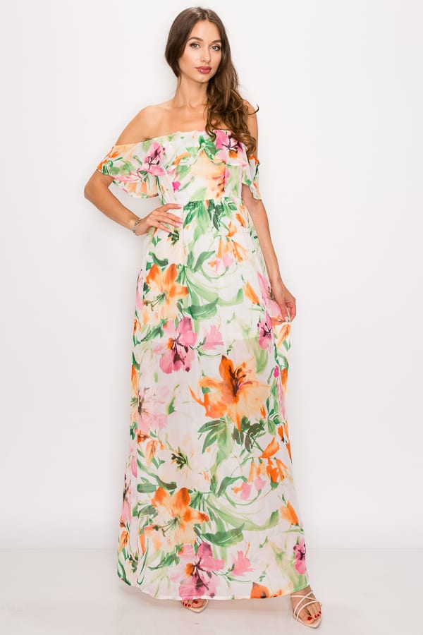 Floral Print Ruffled Off Shoulder Maxi Dress