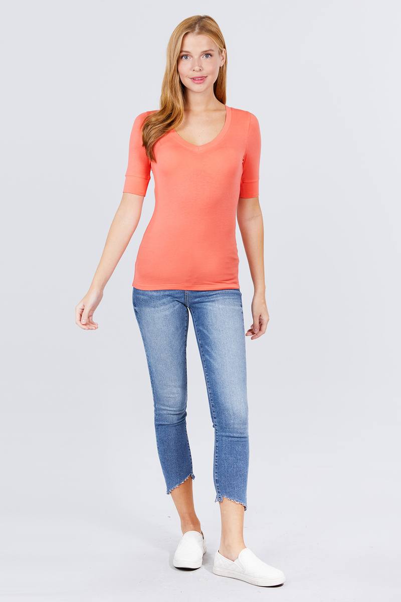 Elbow Sleeve V Neck Top