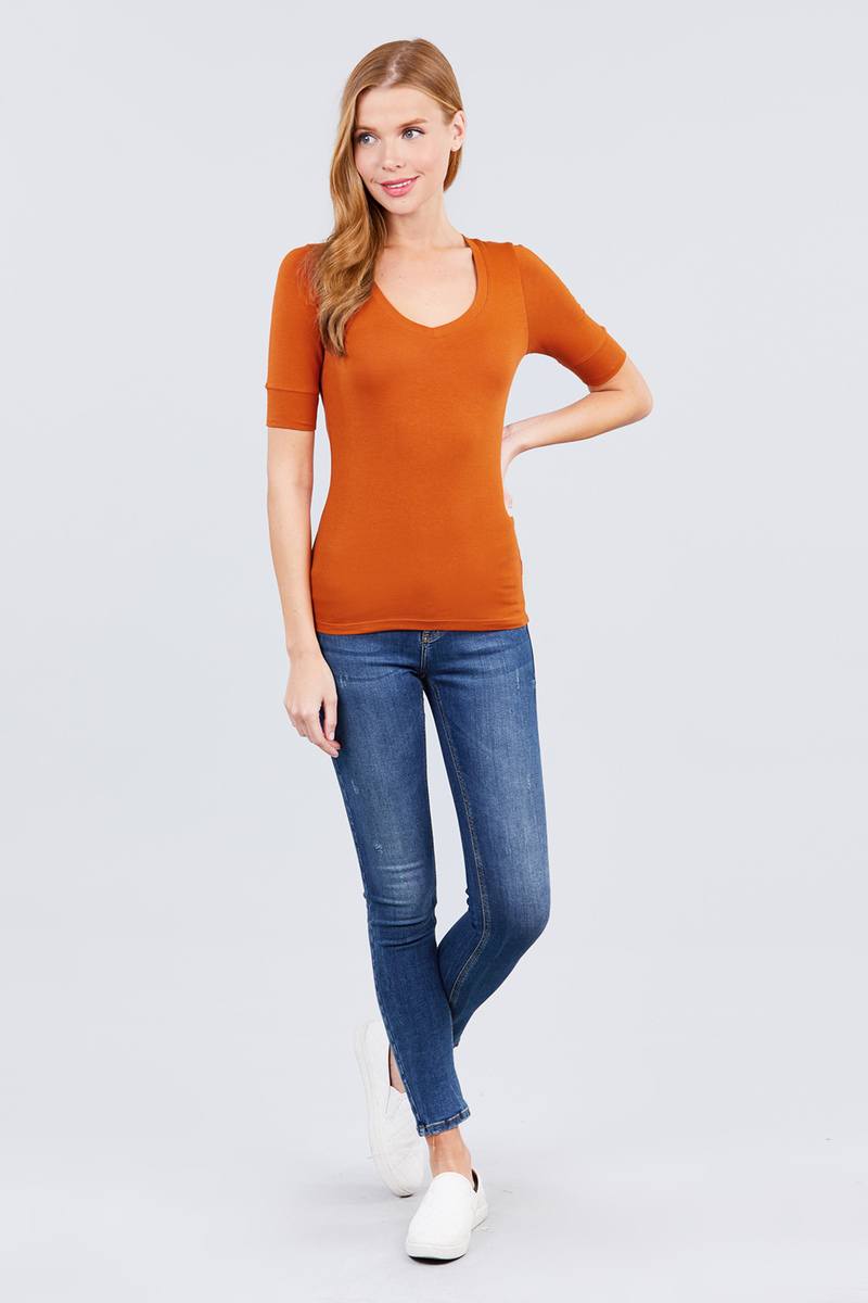 Elbow Sleeve V Neck Top
